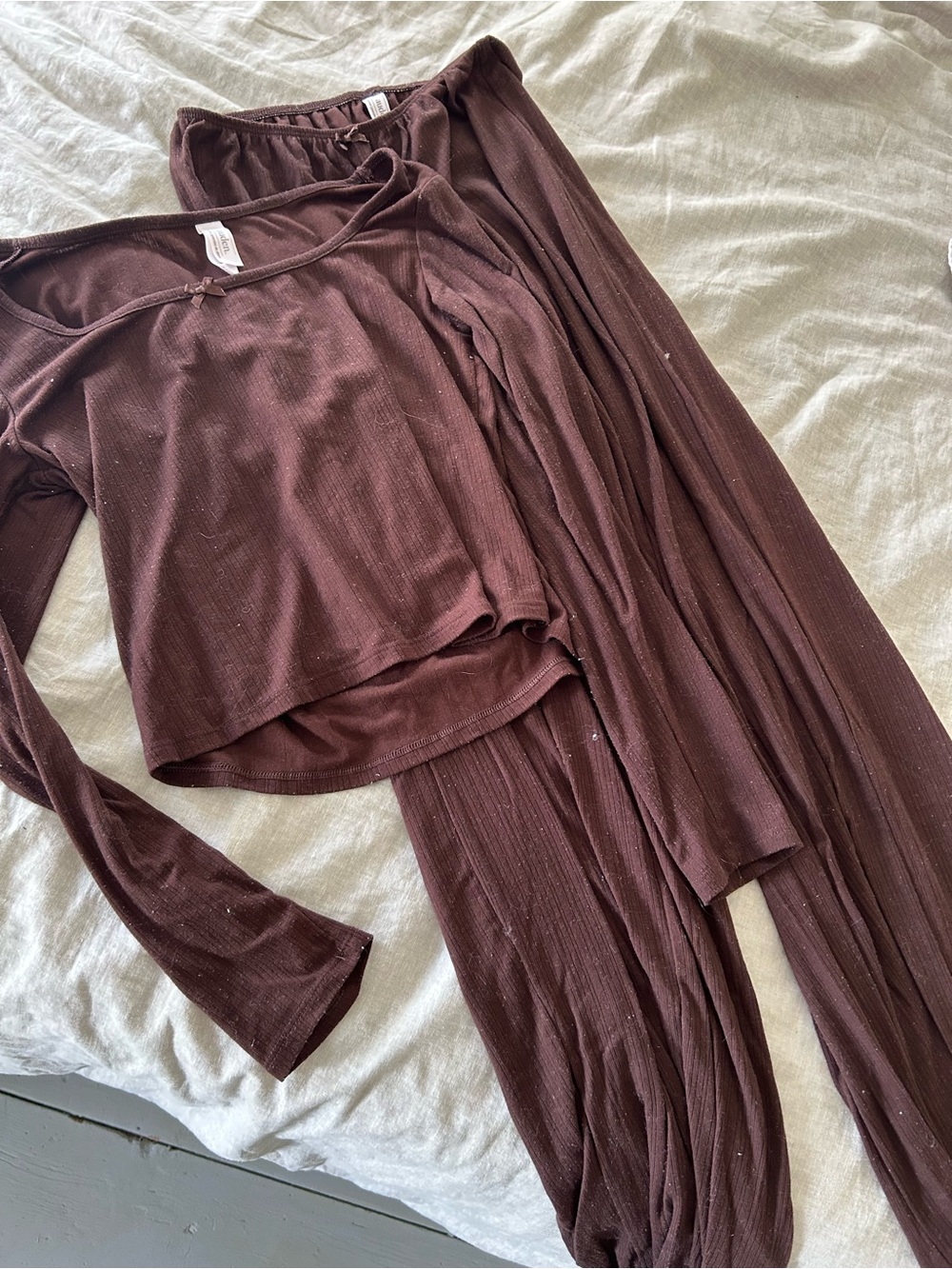☀️3/$25 Auden brown pajama set small bottoms medium top bow